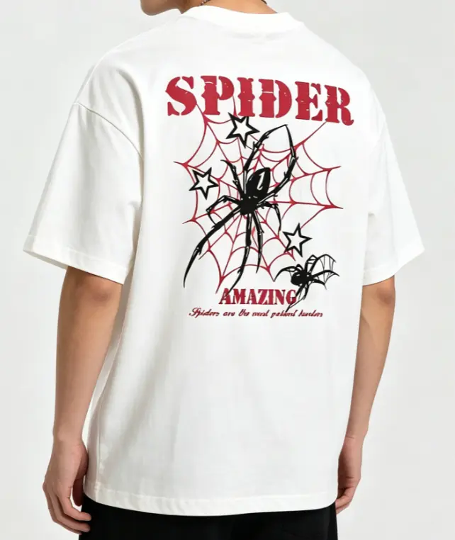 100% Cotton Spider Patterned T-shirt - "Spider Wonder" Design Tee for Women Men, Red Spider Webs and Black Spiders, Casual Round Neck Unisex Short Seeved Top