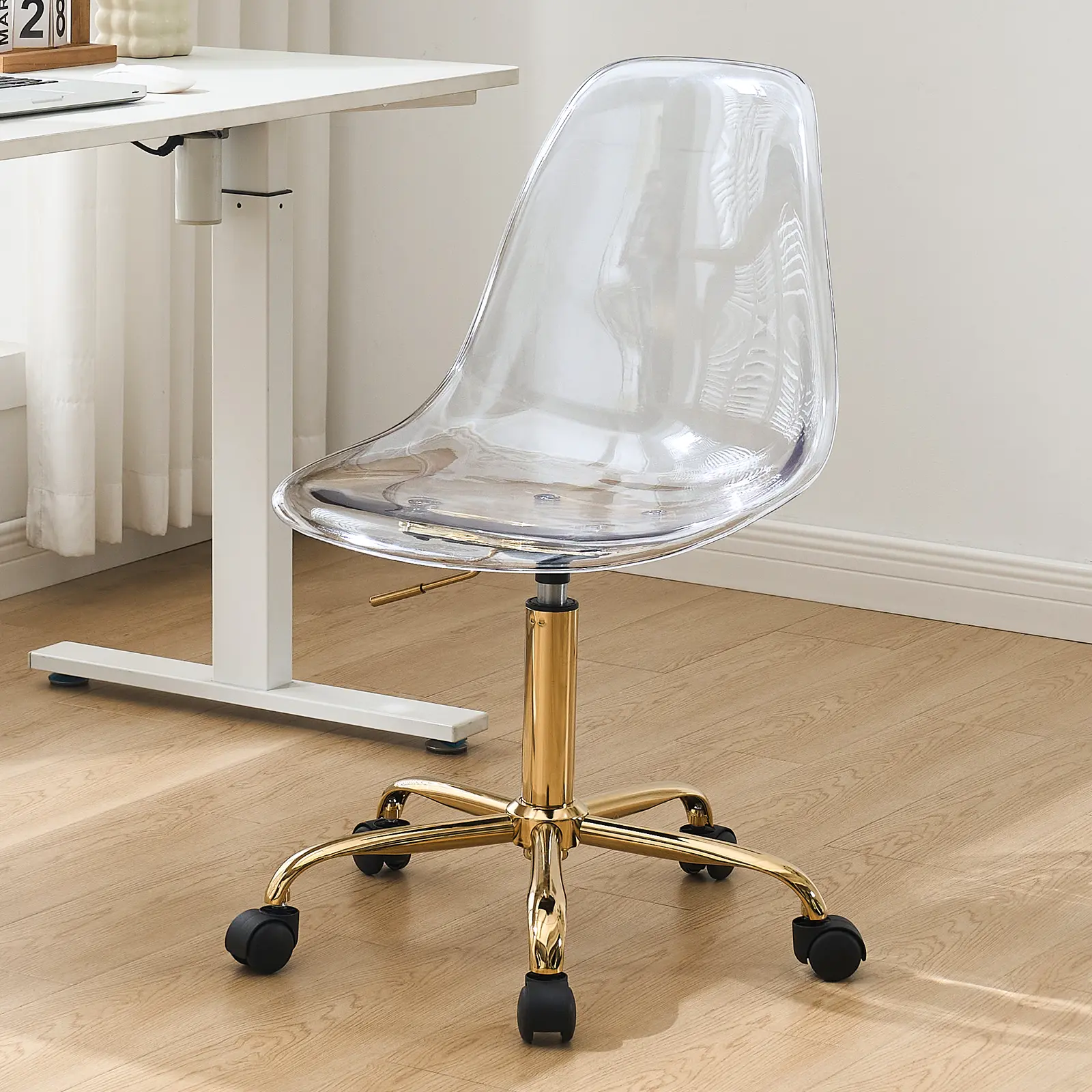 Lessmore Clear Acrylic Swivel Desk Chair, Adjustable Height Modern Office Rolling Chair with Backrest Home Vanity Chair