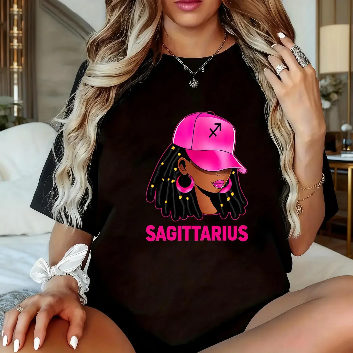 Sagittarius Queen T-shirt | Women's Zodiac Graphic Tee with Pink Hat