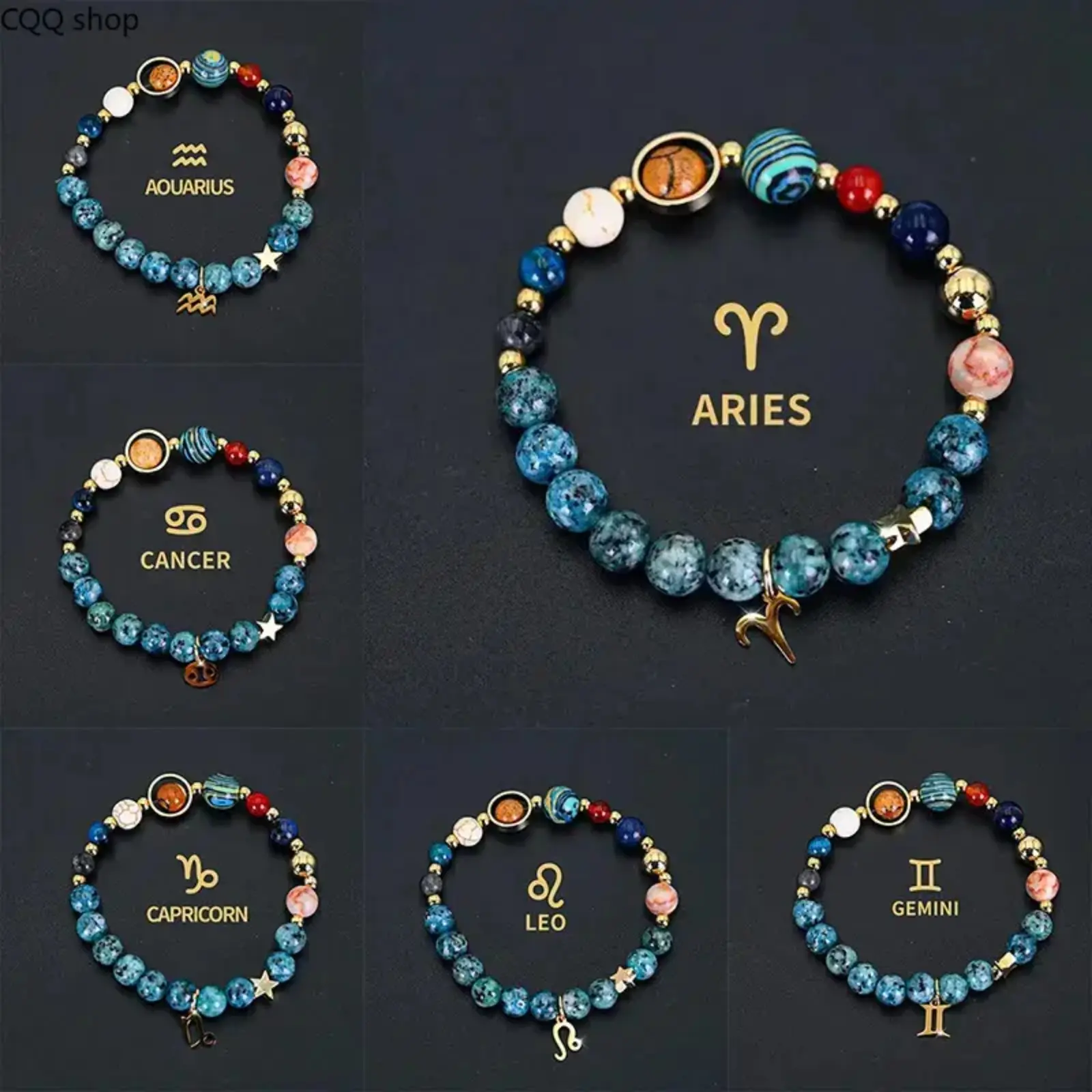 Natural Stone Zodiac Bracelet, featuring eight planets & twelve constellations. Blue black spotted stone beaded design, stylish astrology jewelry for daily wear and gifting