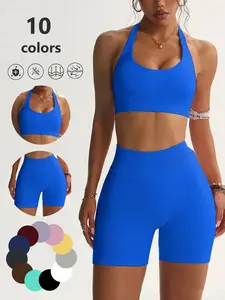 Women's Seamless Yoga Set, High Stretch Microfiber Halter Top with Removable Pads, Three-Piece High Waist Butt Lifting Shorts, Comfortable Fit