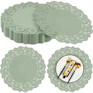 100 Pack Round Sage Green Paper Doilies 13.5 Inches Lace Paper Place Mats Rustic Scallop Doily Disposable Table Pads for Food Cakes Crafts Party Weddings Tableware Decor