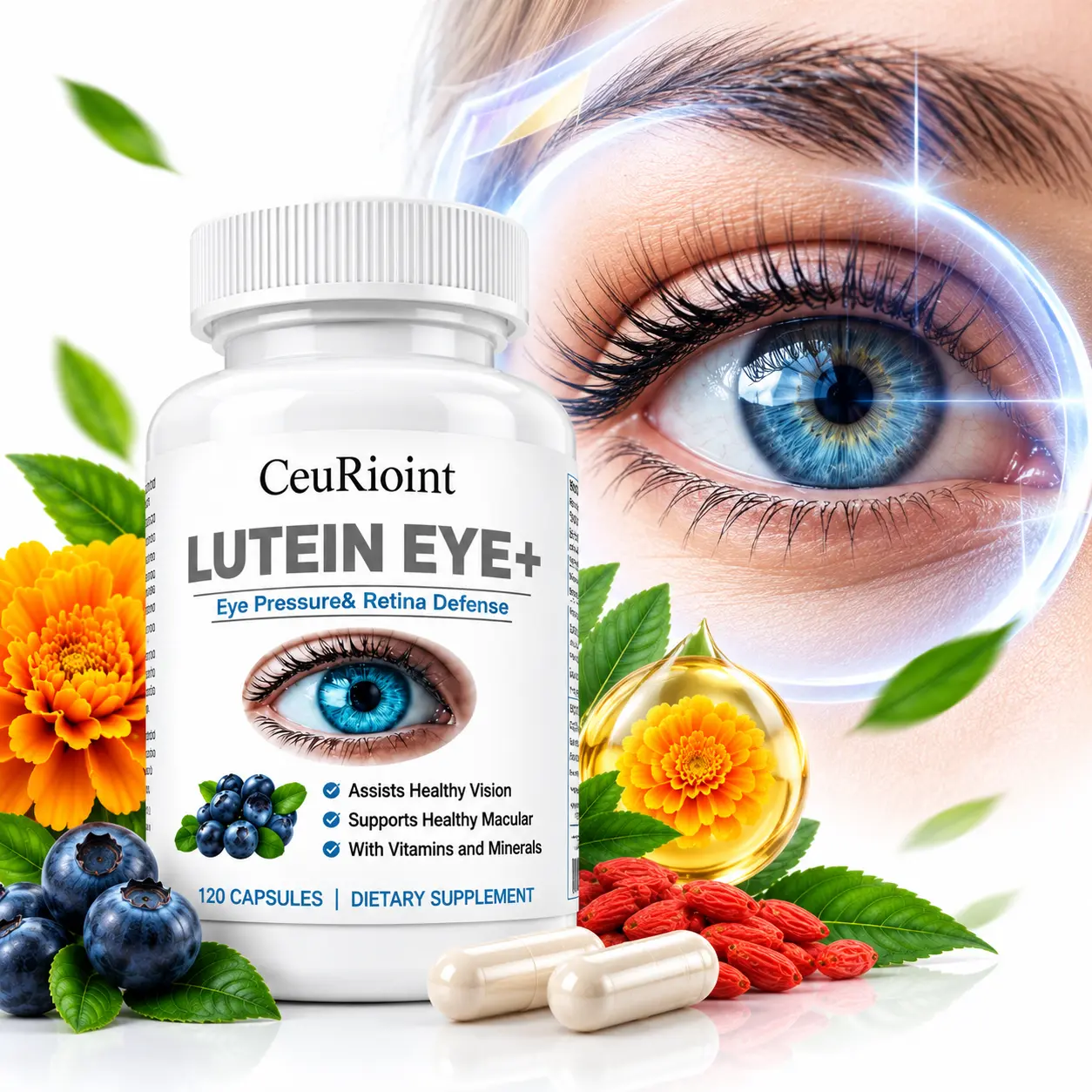 CLutein Eye+ Supplement, 120 Vegetable Capsules with Lutein, Zeaxanthin, Astaxanthin, Bilberry, Eyebright, Grape Seed & Goji Berry Extracts, Botanical Blend for Daily Wellness Routine