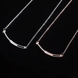 925 Sterling Silver Smiling Bar Necklace with Zircon Stones – Minimalist Rose Gold Chain for Women