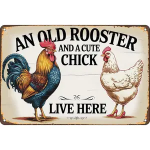 Welcome Chicken Vintage Metal Tin Signs An Old Rooster And His Cute Chick Live Here Retro Poster Wall Decor for Home Farmhouse Farm Garden Decoration 12x8 in metal wall sign Vintage Metal Tin Sign home decor plaque funny bar sign