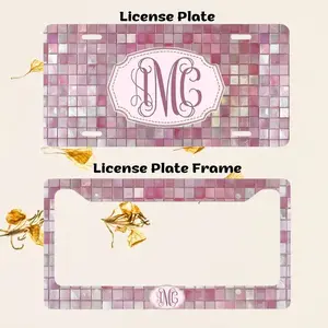 Pink Mosaic Monogram License Plate and Plate Frame Personalized Car Tag 12x6 Aluminum Custom Name Plate Aesthetic Girly Car Accessories Luxury Tile Pattern Cute Gift for Women