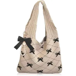 Medium city tote bag Pink Crochet Tote Coquette Bow Aesthetic Hobo Bag for Women Beach Mesh Knitted Shoulder Bag Boho Shoulder Handbag  Large Capacity Tote bag