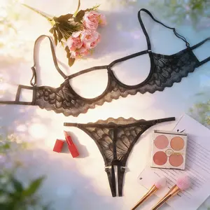 Floral lace push up bra and hollow strappy thong. Comfortable and stylish nightwear and sleepwear for women.