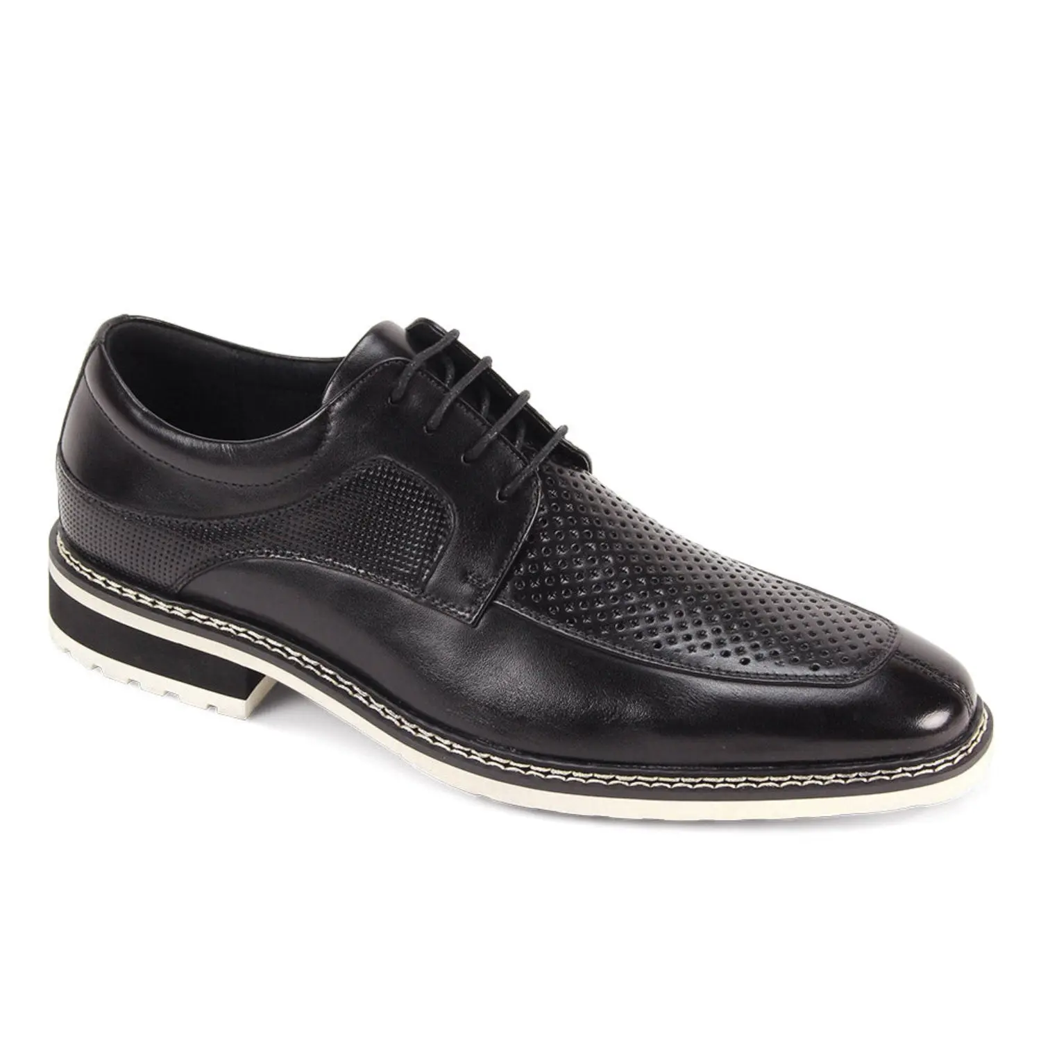 Black Perforated Leather Moc Toe Lace-Up Dress Shoes
