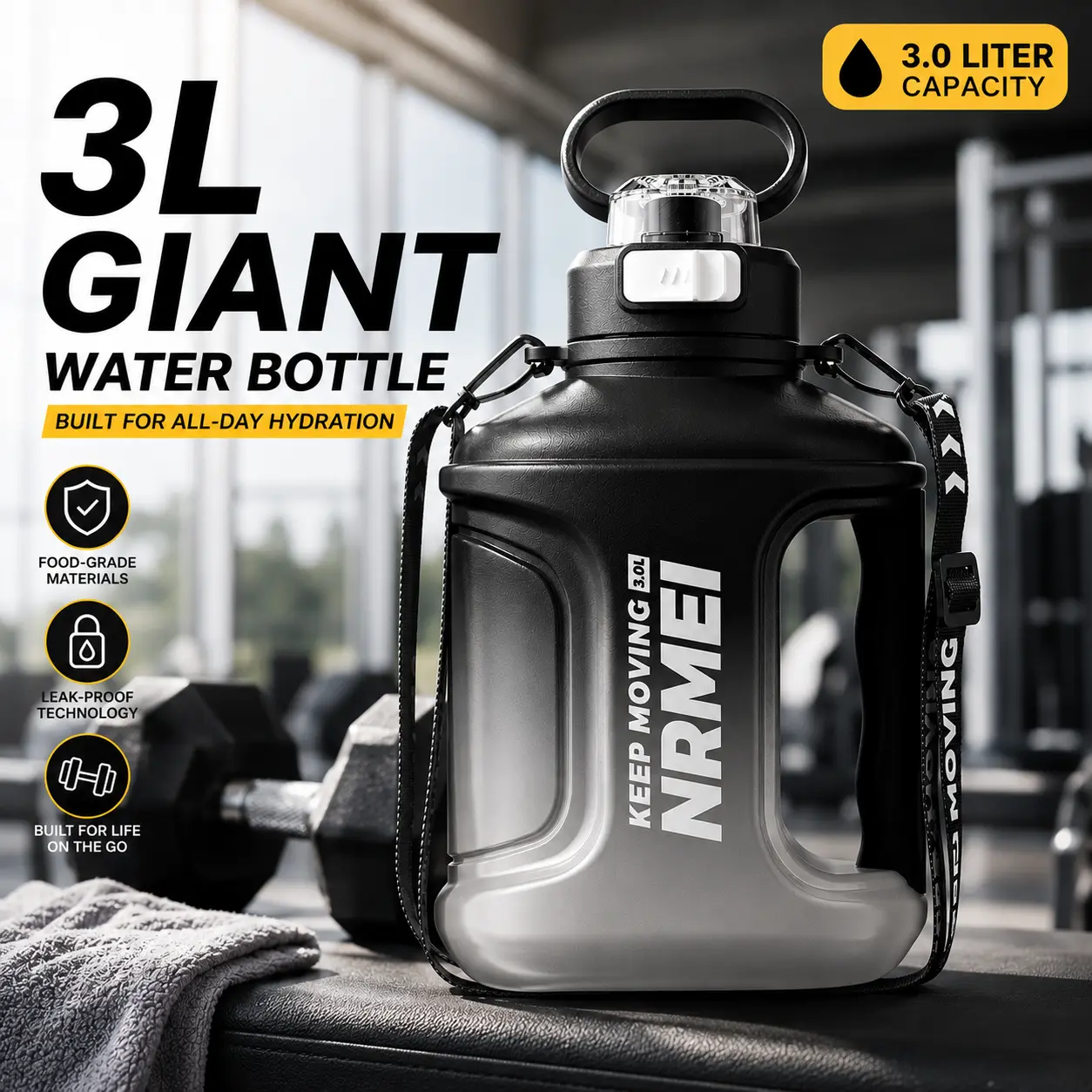 Unisex 100oz Leak-Proof Sports Water Bottle with Multi-Use Flip Top Cap (Straw, Chug, 1-Touch Flip), Safety Lock, Wide Mouth, Handle, Strap, Adjustable Shoulder Strap, Pre Workout, Athlete Life, Black and White Gradient, Camping