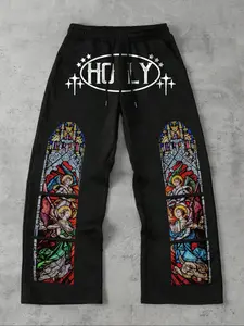 TikTok Viral "HOLY" Stained Glass Angel Sweatpants – Black, Edgy Streetwear Essential for Y2K & Grunge Aesthetic, Perfect for Bold Casual Outfits with Religious-Inspired Graphic and Colorful Stained Glass Details, Bottoms