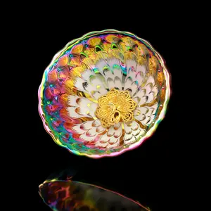 Iridescent Applique Floral Jianzhan with Peacock Base | Rainbow Glow Tea Cup,Chinese culture,High-temperature firing,Handcrafted ceramic cup,Wine Glass, Kung Fu Cup,Drinkware