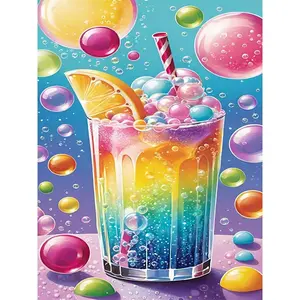 1pc, 5D Summer Colorful Rainbow Bubble Drink Diamond Painting Fruit Decorative Colorful Bubble Glass Cup Diamond Sticker Art