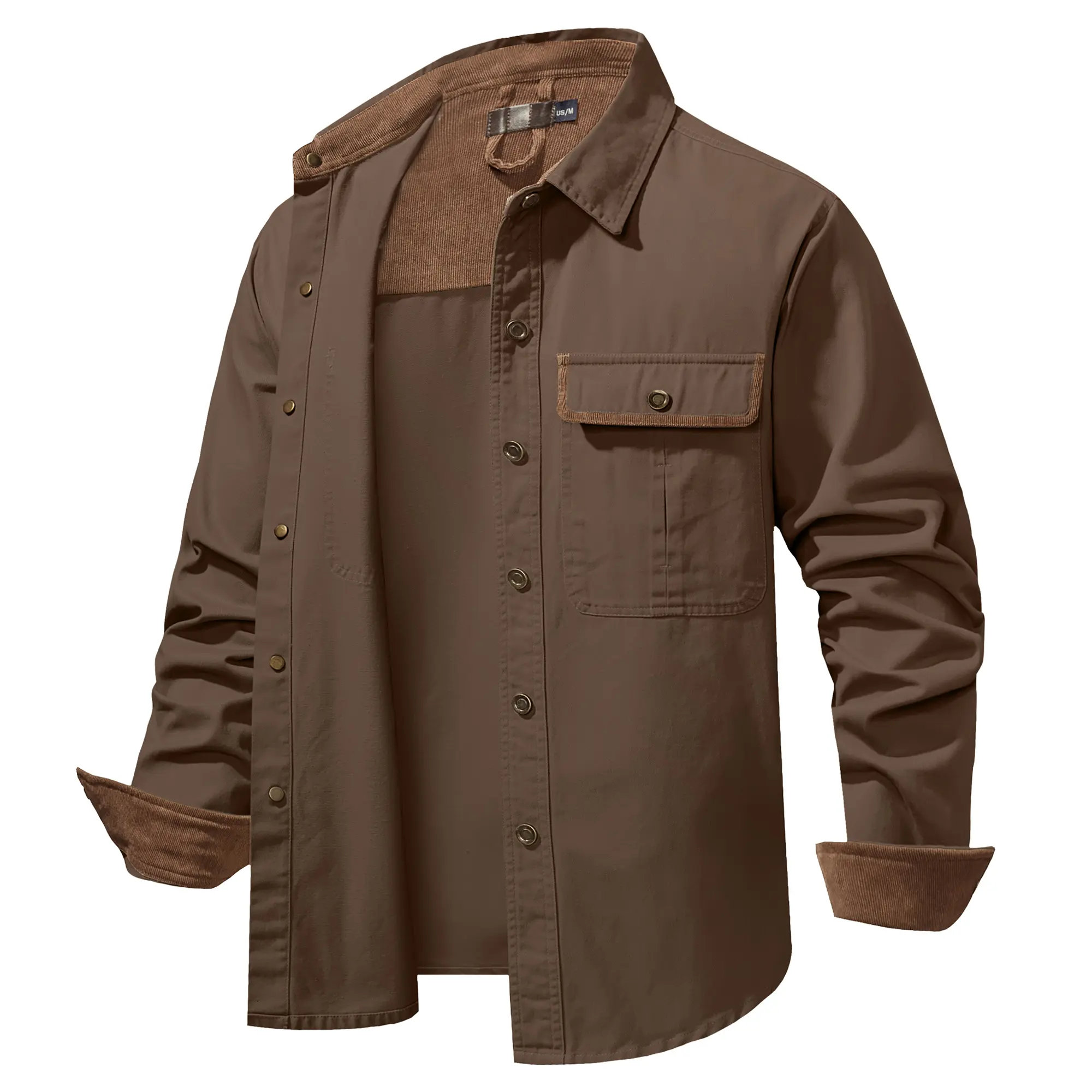 Men's Casual Shirt Jacket - Contrast Corduroy Collar, Snap-Front, Longsleeves Fabric Outerwear, Menswear Tops Coats with 2 Chest Pockets
