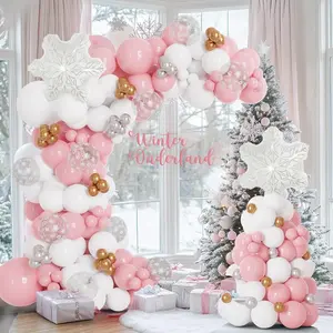 Pink And White Winter Wonderland Princess Balloon Arch 137Pcs Snowflake Balloons For Pink Winter Onederland First Birthday Pink Christmas Girl Baby Shower Party Coquette Decorations