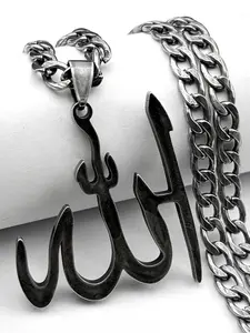 Arabic Allah God Pendant Necklace for Men Women Stainless Steel Gun Black Islamic Muslim Amulet Hip Hop Necklaces Fashionable Jewelry Accessories Gift