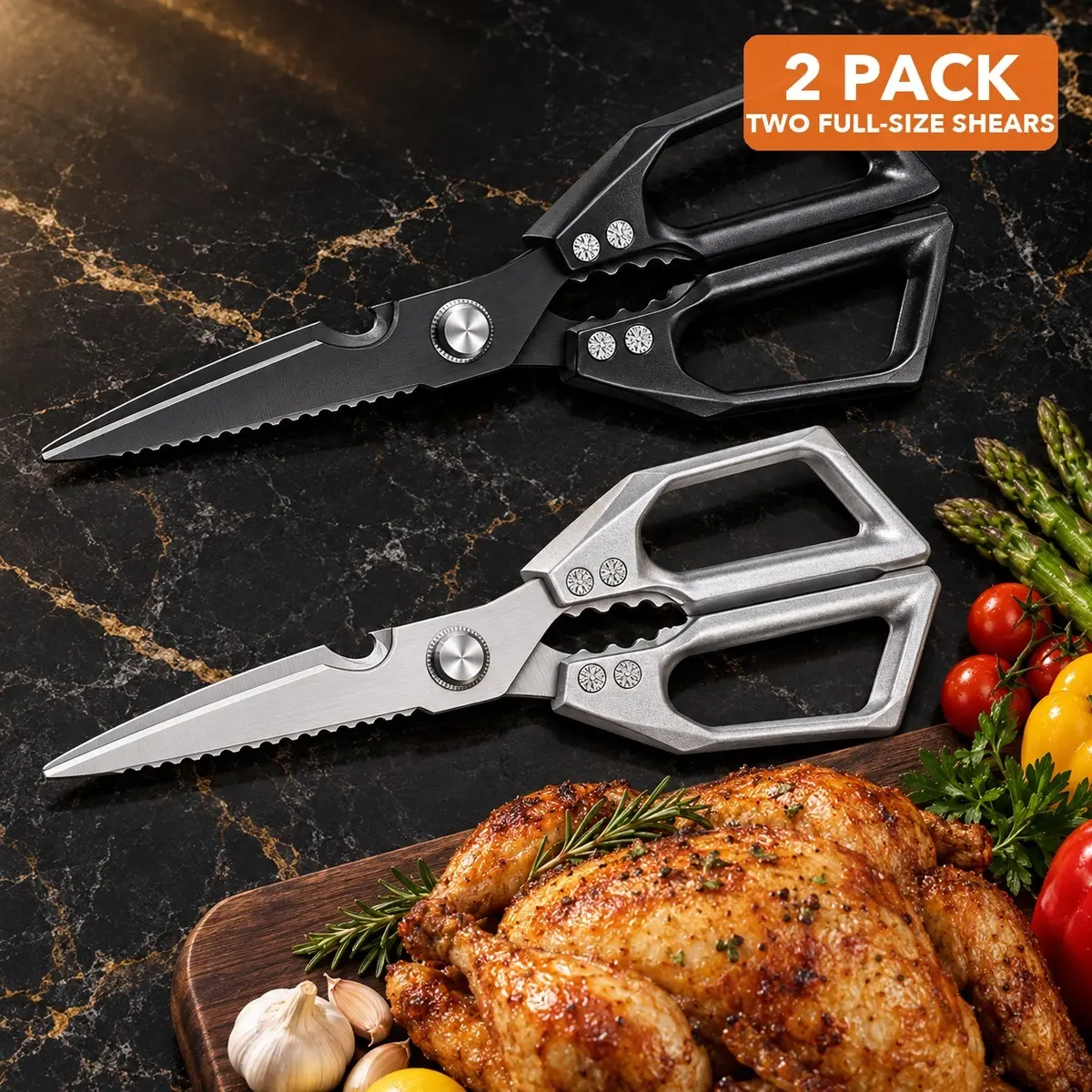 2 Pack Kitchen Scissors All Purpose, Two Identical Heavy Duty Kitchen Shears for Food, Ultra Sharp Serrated Poultry Shears for Chicken Bones, Meat, Fish & Vegetables, 9.25 in All Metal, One for Raw One for Cooked, Nut Cracker & Bottle Opener – Sizoto