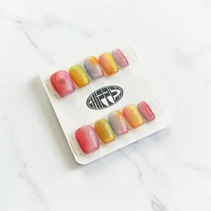 Slay Date 🌈 NFC Nails Social Sharing Microchip Chipped Square Short Rainbow Cat Eye Press On Acrylic Gel Nails with Drippy Hypnotic Effect