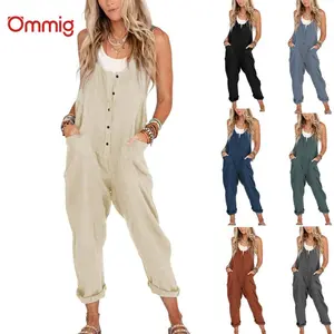 Ommig Women's Sleeveless Linen Cotton Jumpsuit Loose Casual Jumper with Pockets & Adjustable Straps for Spring Wear