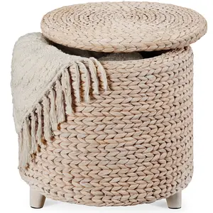 Best Choice Products 17 Round Storage Ottoman with Lid – Handwoven Water Hyacinth Modern Footstool"