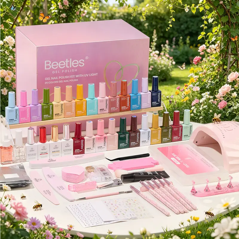 Beetles 64Pcs HEMA-Free Almond Gel Nail Kit with UV Light, 25 Colors 8ML Polish, Nail Tips, Glossy Glitter, Salon Tools, Storage Organization - Chip-Free Home Manicure Gift Box for Women