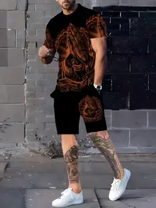 Men's Summer 3D Digital Print Suit, Casual Fitted H-Type Short Sleeve Track Shorts, Geometric Pattern Crop Top, No Collar Button Zipper
