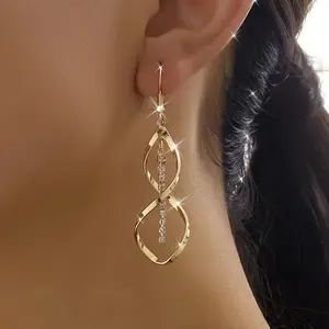 Creative spiral design pendant earrings, stylish and versatile, DDES0201 with diamond inlay, women's earrings, 14K gold-plated