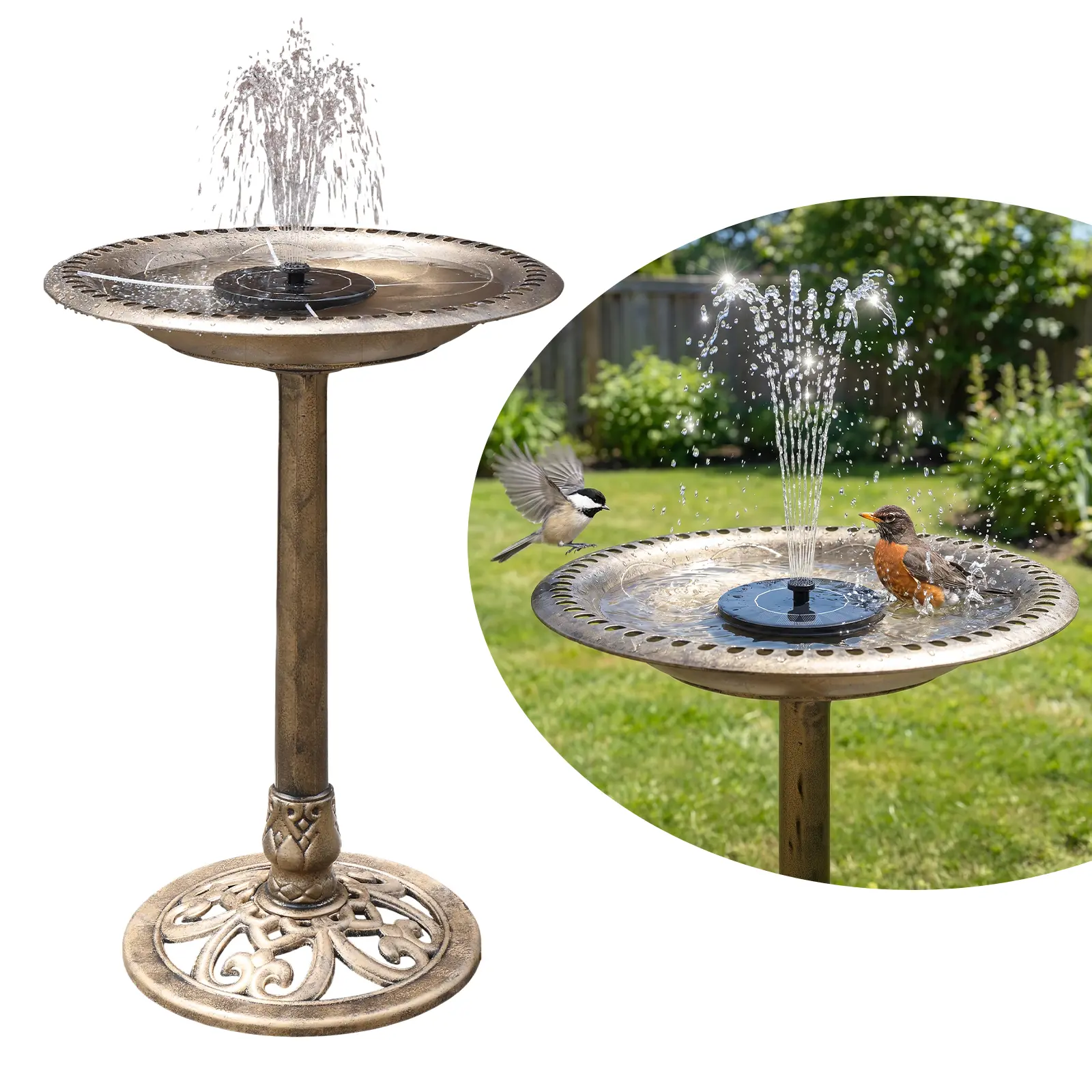 VINGLI Bird Bath with Upgraded 2.5W Solar Fountain, Antique Weather Resistant Resin Pedestal Birdbaths, Vintage Finish Birdbath Garden Decor for Outdoor Patio, Lawn, Yard
