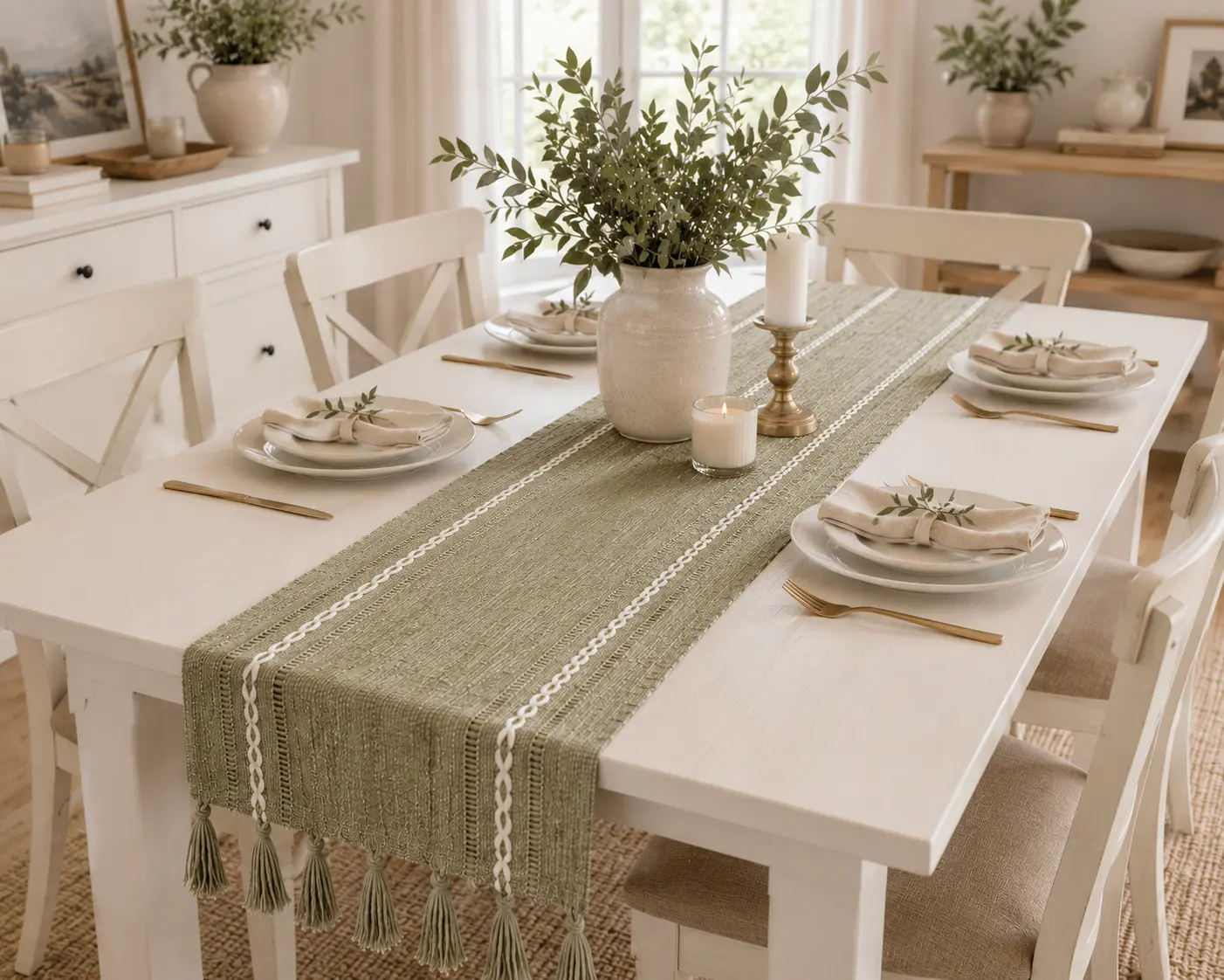 Boho Green Farmhouse Embroidery Embellished Tassels 1-Piece Table Runner - Craftsmanship-Enhanced Polyester Dining Linen, Durable All-Seasons Home Kitchen Textile, Machine-Washable for Wedding & Aesthetic Room Decor