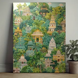 1-Piece Framed Canvas Print - Konaora and Jaipuri Garden Art Mural, Bright Green Indian Wood Framed Wall Decor, Highly Detailed Medieval Modern Square Poster, Easy to Hang, Suitable for Home, Office, 2D Flat