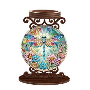 Flower & Dragonfly Pattern Candle Holder, 5D DIY Diamond Arts Colorful Painting Kit, Wooden Craft Stand for Aromatherapy & Home Decor, Handicraft Ornaments, Halloween