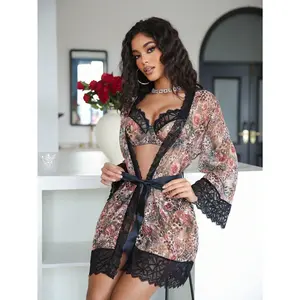 Women's 4pcs Nightwear Lace Patchwork Underwear Set Robe with Underwire Clothing