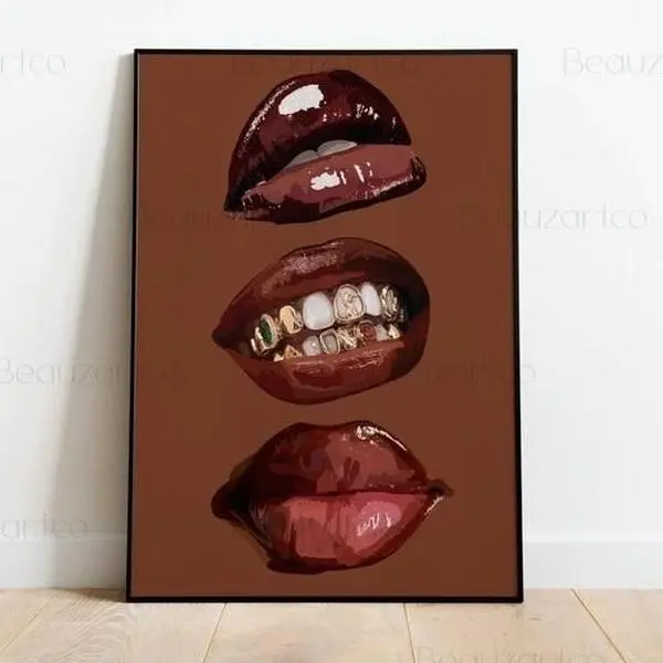 [40% OFF] [UNFRAMED]    Women with Glossy Lips and Grillz Poster, Lipstick Wall Art, Gold Teeth Art, Black Art Poster, Black Art Room Decor
