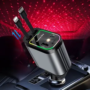 66W Super Fast Charging 4-in-1 Telescopic Car Charger with Star Light & 80cm Retractable Cable, Type C Charging, Fast Charging Supported, Compatible with iPhone Android Smartphones, Multi-Function USB Fast Charger Adapter Portable Auto Accessory