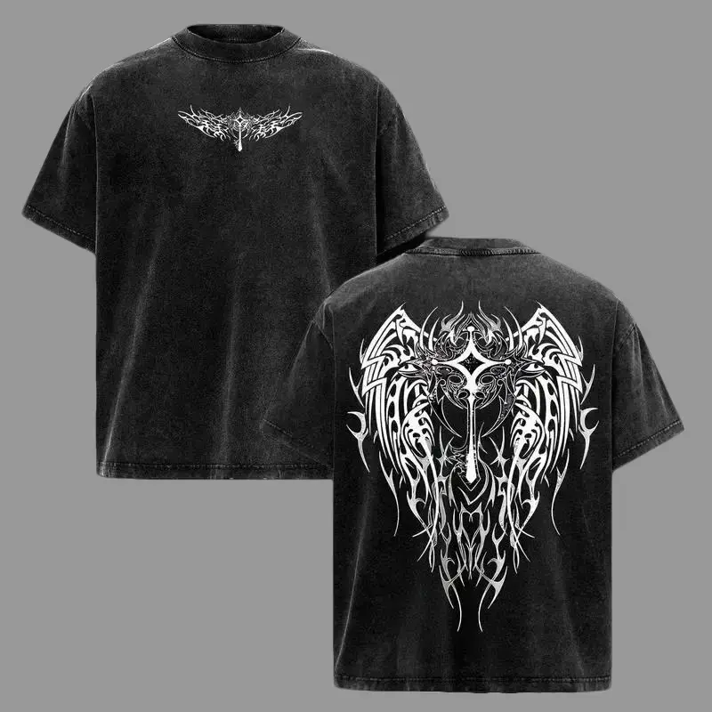 Men's Oversized 230gsm Heavyweight Cotton Tshirt, Vintage Washed Tropical Wings Graphic, Relaxed Fit Crewneck Retro y2k Streetwear Top Casual T shirt, Soft T-Shirt