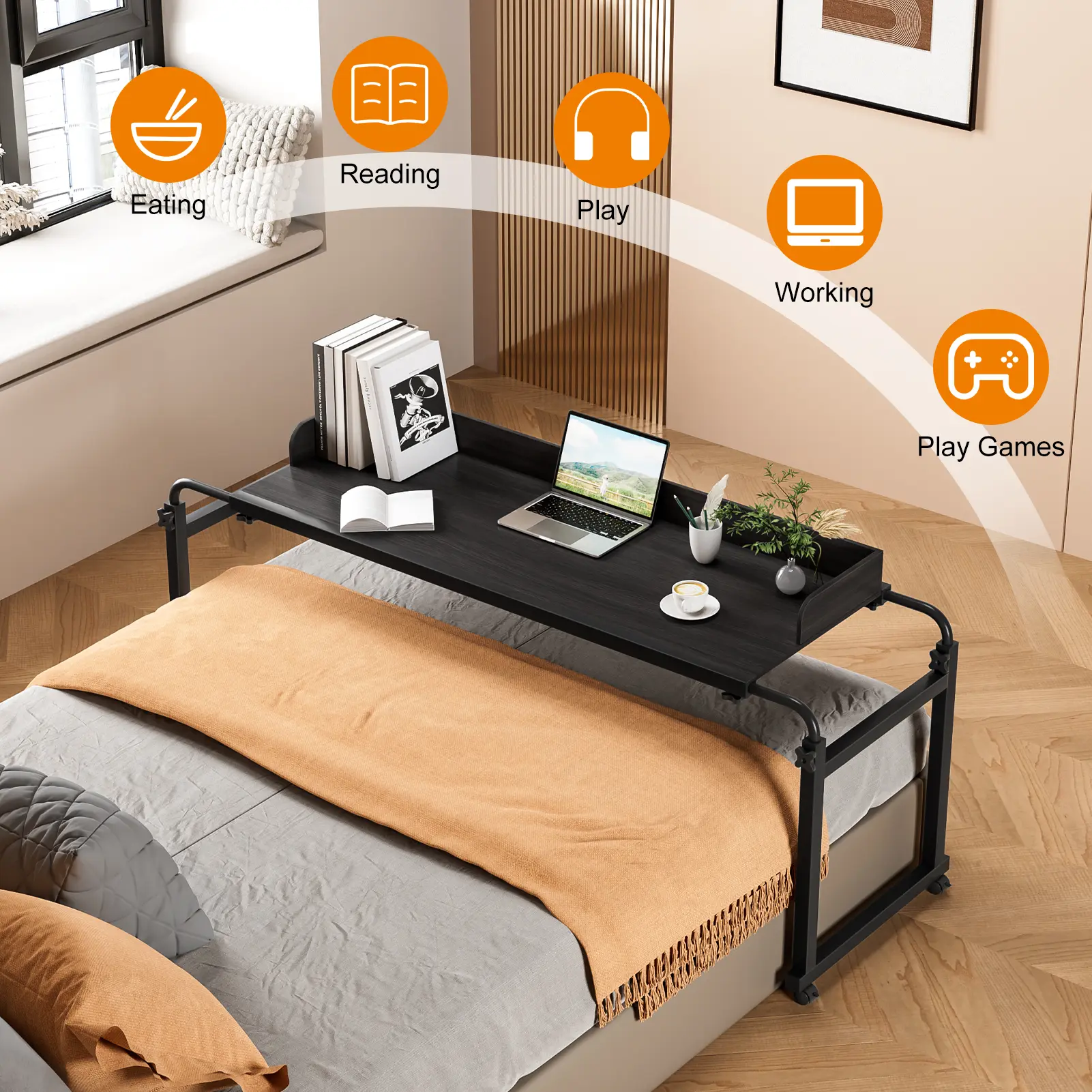 Height-Adjustable Overbed Table with Wheels, 120x40CM/140x50CM Sizes, Rolling Laptop Desk with Raised Baffle, Working Station for Home Office Bedroom