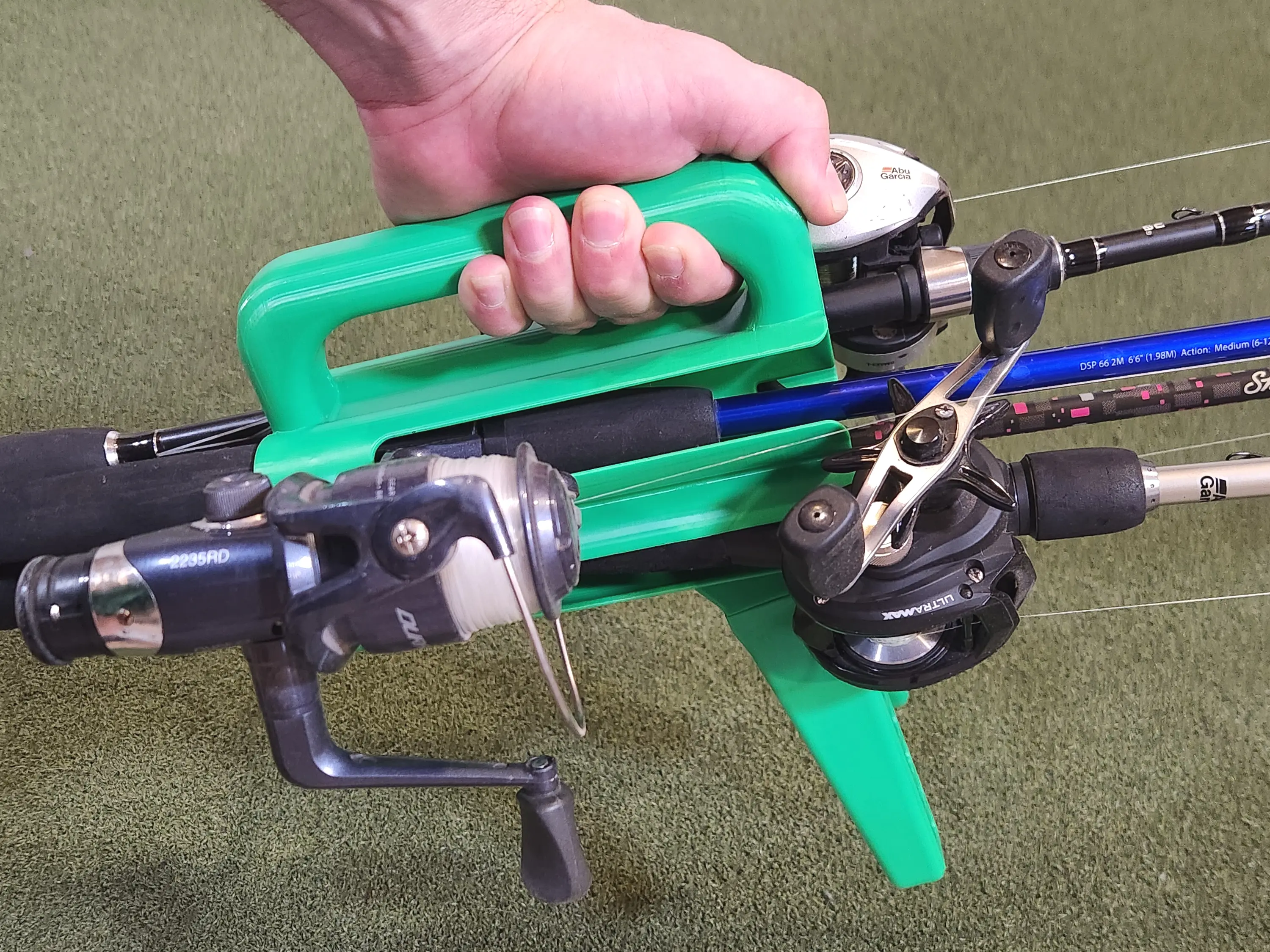 Fishing pole carrier, 4 spinning rod stand, bait caster travel handle tote