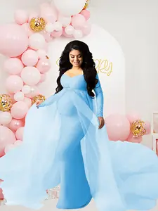Maternity Elegant Off Shoulder Party Baby Shower Maxi Dress Long Sleeve Photoshoot Gown