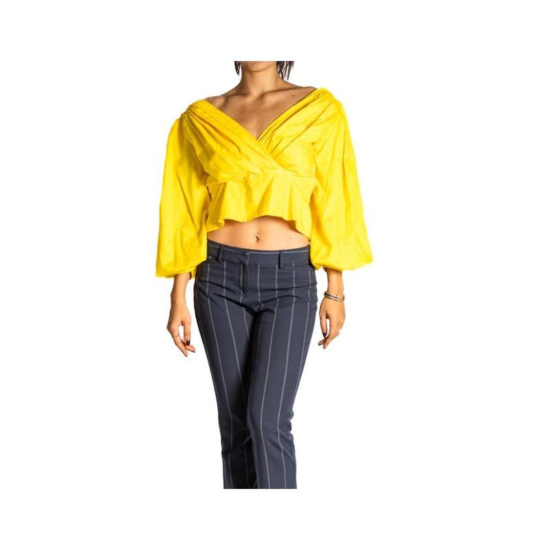 1970S LANVIN Canary Yellow Crisp Cotton Blouse With Full Bare Shoulder Sleeves
