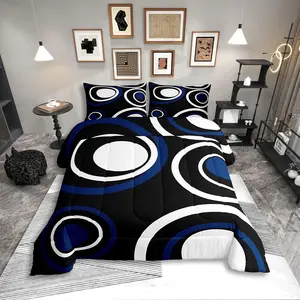 Black Blue Vortex Bedding Set for Adult Women Men Chic Geometric Abstract Mens Comforter Set,Striped Aesthetic Circles Quilt Duvet Set