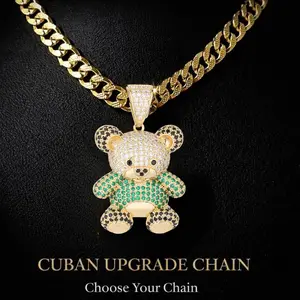 14K Gold Plated Iced Out Hip Hop Premium Bear Oso Pendant Charm Cuban Upgraded Necklace Full CZ Piece For Daily Use