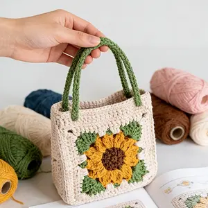 Sunflower Flower Women's Handbag Craft Kit, Complete Crochet Set with Hooks, Buttons, Yarn, Tutorial, Perfect Gift for Mother's Day, Easter, Birthday