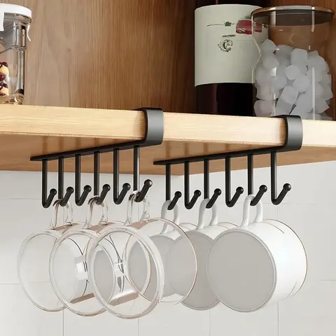 VIREFIRA Black 2-Piece Hangable Under Shelf Mug Hanger Racks - 6-Hook Snap-In Mount Adjustable Under Cabinet Organizers, Durable Heat-Resistant Home Accessory for Hanging Mugs & Keys