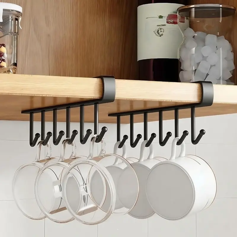 VIREFIRA Black 2-Piece Hangable Under Shelf Mug Hanger Racks - 6-Hook Snap-In Mount Adjustable Under Cabinet Organizers, Durable Heat-Resistant Home Accessory for Hanging Mugs & Keys