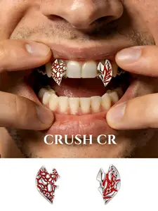 CRUSH CR 18K Gold Plated Red Enamel Vampire Fang Tooth Cap Set for Men Women, Hypoallergenic and Removable, Perfect for Hip Hop Concerts, Punk Shows, Halloween Parties Urban Street Style, Durable Tarnish-Resistant Plating, Ideal Edgy Bling Dental Jewelry