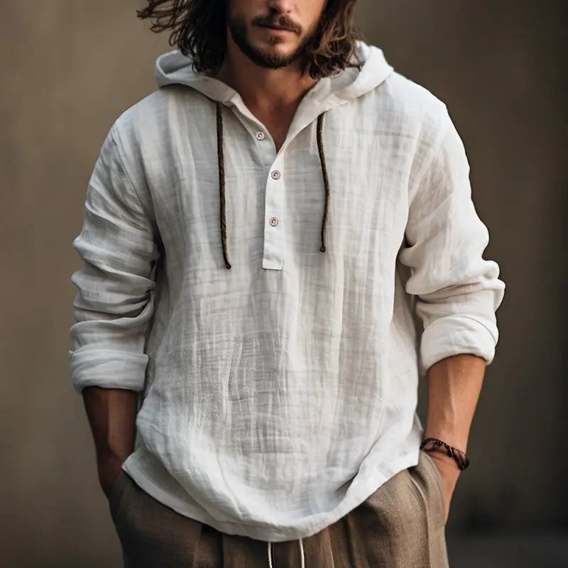 Men Cotton Linen Shirt Hooded Sweater Long Sleeve Casual Clothing