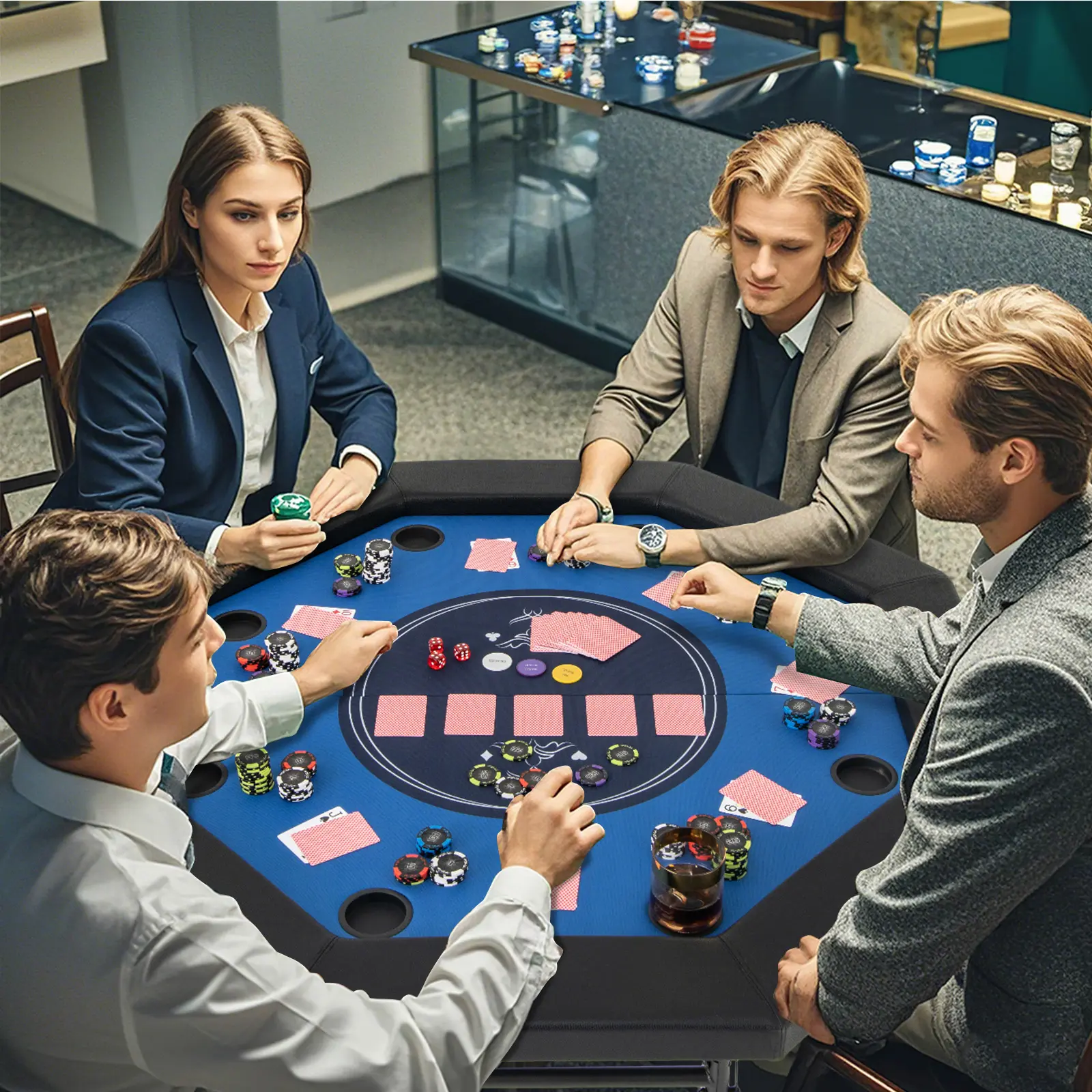 COSTWAY - 48 Inches Foldable Poker Table with Padded Rails and Cup Holders-Blue