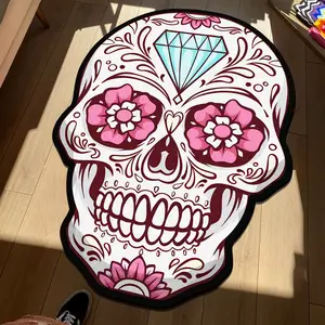 Halloween Floral Diamond Skull Print Carpet, Soft Area Rug for Living Room Bedroom Balcony, Fashion Art Decorative Floor Mat, Boho Floral Rug