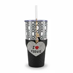 Biddlebee 30oz Faith Straw Tumbler – Black & White Geometric Cup w/ “I ❤️ Jesus” Sparkle Heart Charm & Silicone Boot