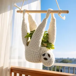 2Pcs Handmade Sloth Plant Hangers, Cotton Linen Knitted Planter Basket with Wooden Stick & Hemp Rope, Cute Decorative Hanging Pot Holder for Indoor Plants